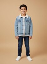 Boys light blue denim jacket with faux fur collar and sherpa lining for winter wear.