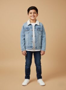 Boys light blue denim jacket with faux fur collar and sherpa lining for winter wear.