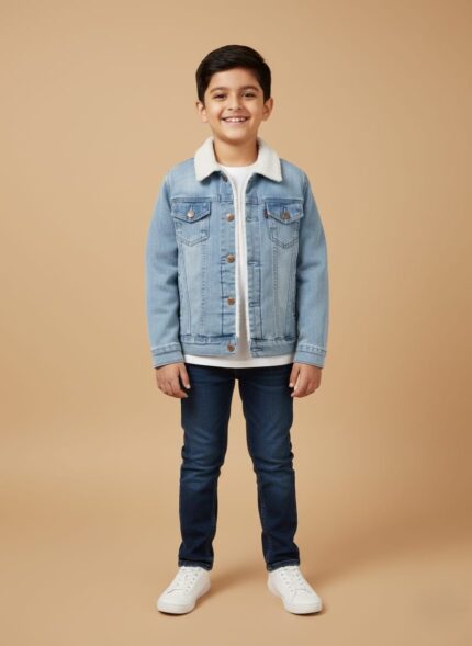 Boys light blue denim jacket with faux fur collar and sherpa lining for winter wear.