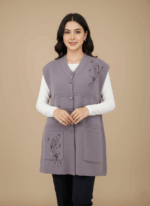 Lilac women's knitted sweater vest with embroidered floral design on chest and pockets, button-front closure, V-neck, sleeveless.