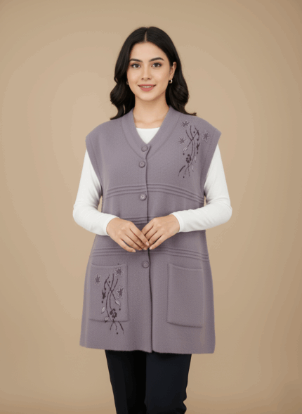 Lilac women's knitted sweater vest with embroidered floral design on chest and pockets, button-front closure, V-neck, sleeveless.