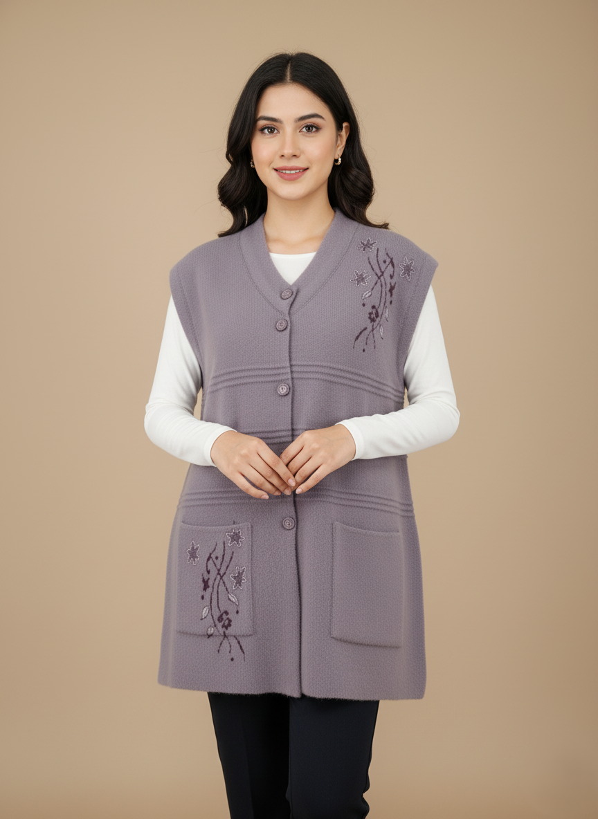 Women's Knitted Sweater Vest with Embroidered Floral Design Lilac women's knitted sweater vest with embroidered floral design on chest and pockets, button-front closure, V-neck, sleeveless.