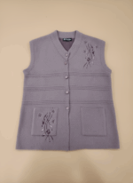 Lilac women's knitted sweater vest with embroidered floral design on chest and pockets, button-front closure, V-neck, sleeveless.