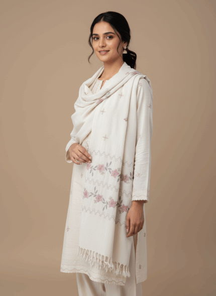Hand-embroidered floral shawl made from a soft pashmina blend, featuring pink flowers, grey leaves, chevron patterns, and fringed edges on an off-white fabric.