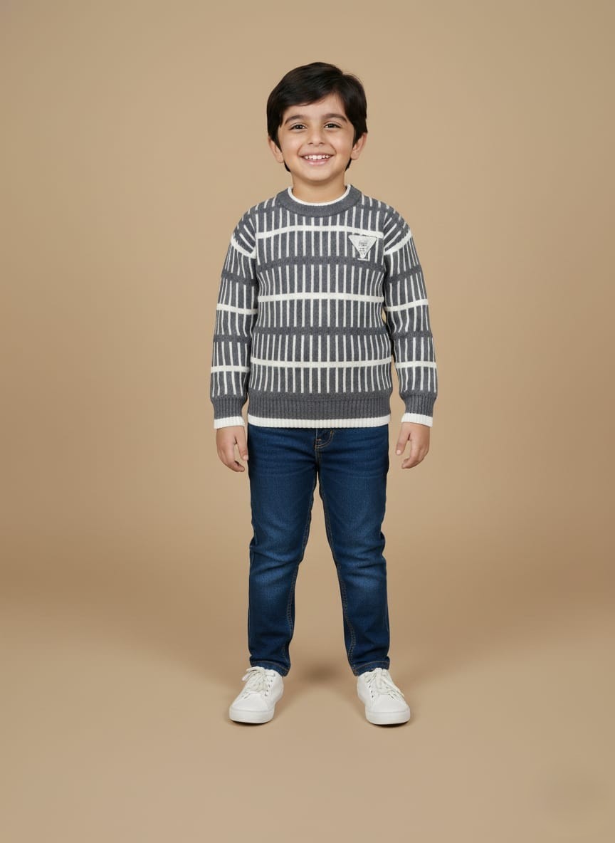 Stylish Boys Striped Winter Sweater Flat lay of boys striped winter sweater with ribbed cuffs and hem.