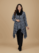 Women's grey and black geometric patterned open-front sweater with a black faux fur shawl collar, displayed flat.