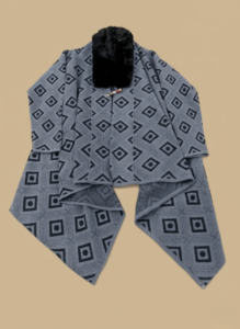Women's grey and black geometric patterned open-front sweater with a black faux fur shawl collar, displayed flat.
