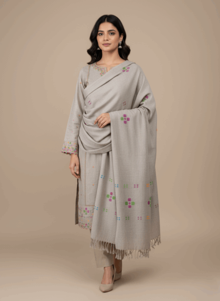 Wool shawl with colorful floral printed on a light background.