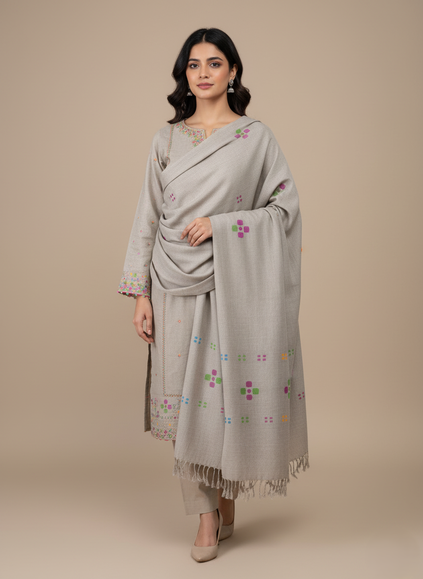 Wool Shawl with Vibrant Floral Embroidery Wool shawl with colorful floral printed on a light background.