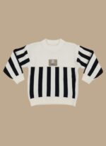 Cream and black striped toddler sweater with a teddy bear patch on the chest.