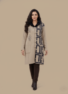 Women's beige and navy wool blend sweater with geometric pattern and faux fur collar.