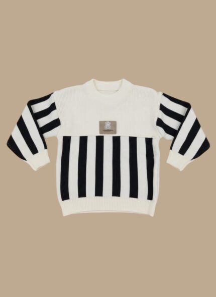 Cream and black striped toddler sweater with a teddy bear patch on the chest.