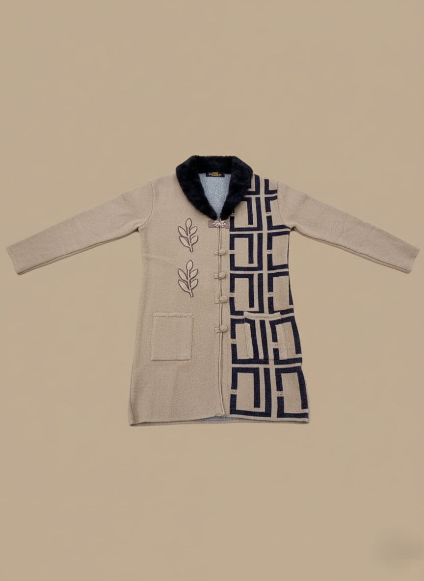 Women's beige and navy wool blend sweater with geometric pattern and faux fur collar.