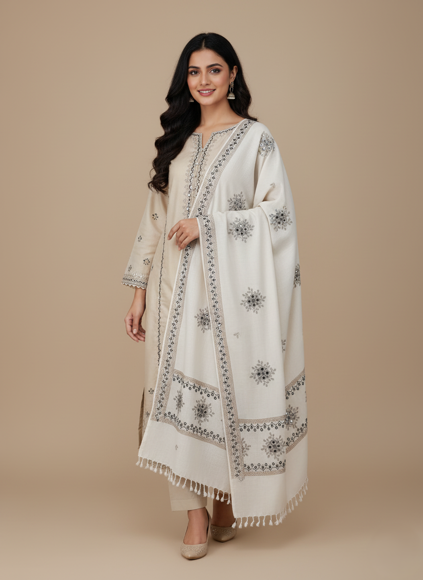 Embroidered Wool Shawl with Tassels embroidered shawl in off-white with black and brown floral and geometric embroidery patterns and tassels.