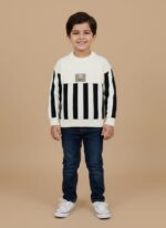Cream and black striped toddler sweater with a teddy bear patch on the chest.