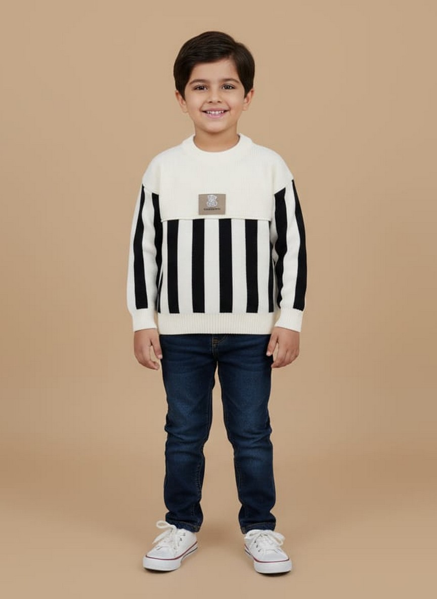 Boys' Striped Cream & Black Teddy Patch Cream and black striped toddler sweater with a teddy bear patch on the chest.