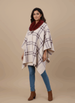 Women's plaid knit shawl sweater wrap with burgundy faux fur collar and open front design