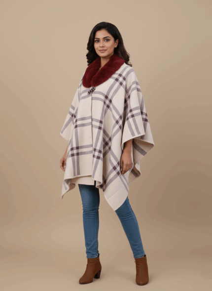 Women's plaid knit shawl sweater wrap with burgundy faux fur collar and open front design