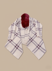 Women's plaid knit shawl sweater wrap with burgundy faux fur collar and open front design