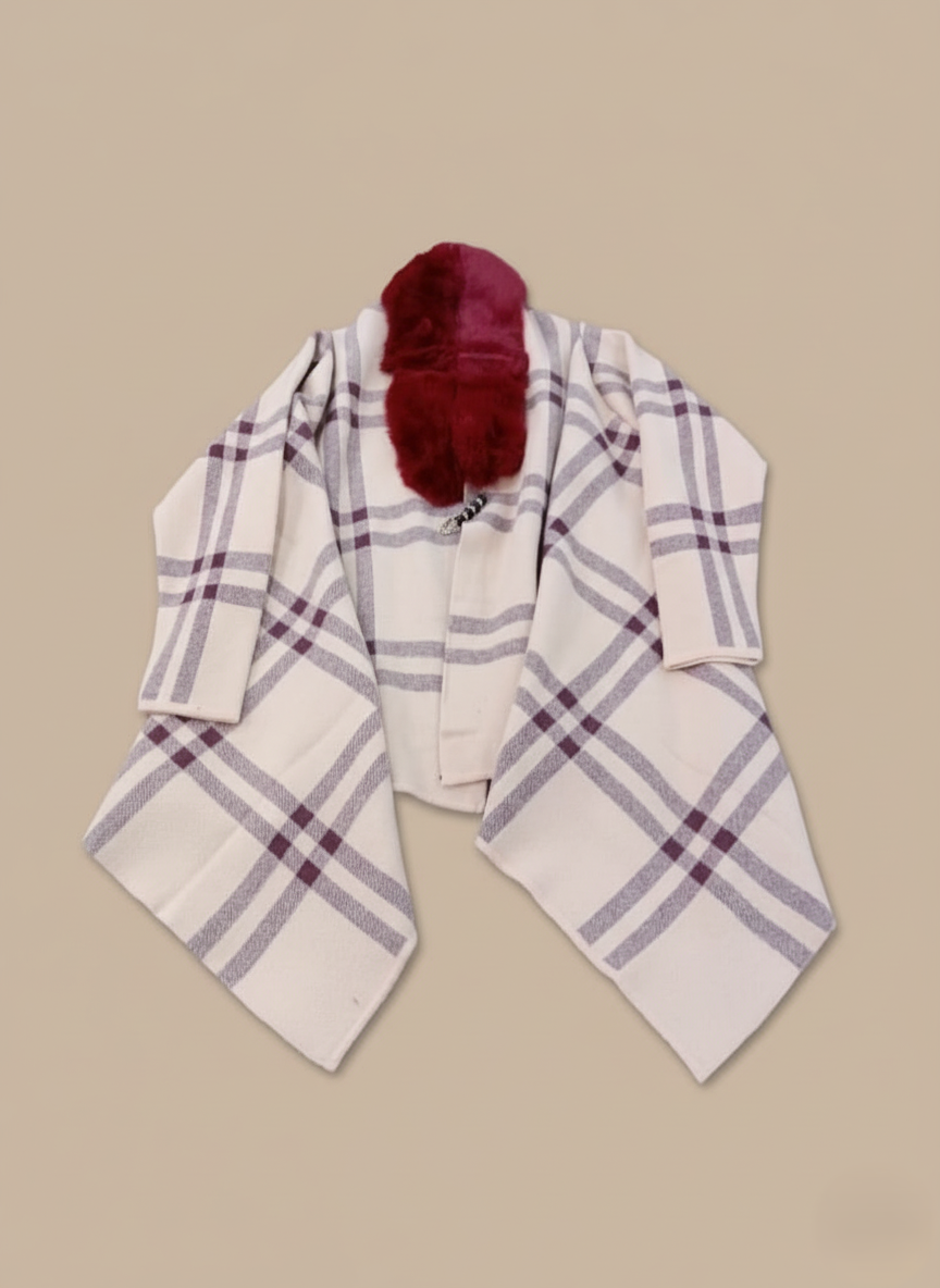 Women's plaid knit shawl sweater wrap with burgundy faux fur collar and open front design