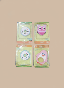 BPA-free baby silicone teether set with cute donut, owl, and penguin designs for teething relief.