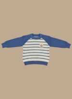 Kids Blue Striped Sweater on a young boy, featuring a blue and white striped pattern and solid blue raglan sleeves.