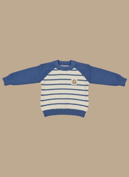 Kids Blue Striped Sweater on a young boy, featuring a blue and white striped pattern and solid blue raglan sleeves.