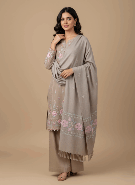 Hand-embroidered pashmina shawl with pink and blue floral embroidery on a beige background and fringed edges.