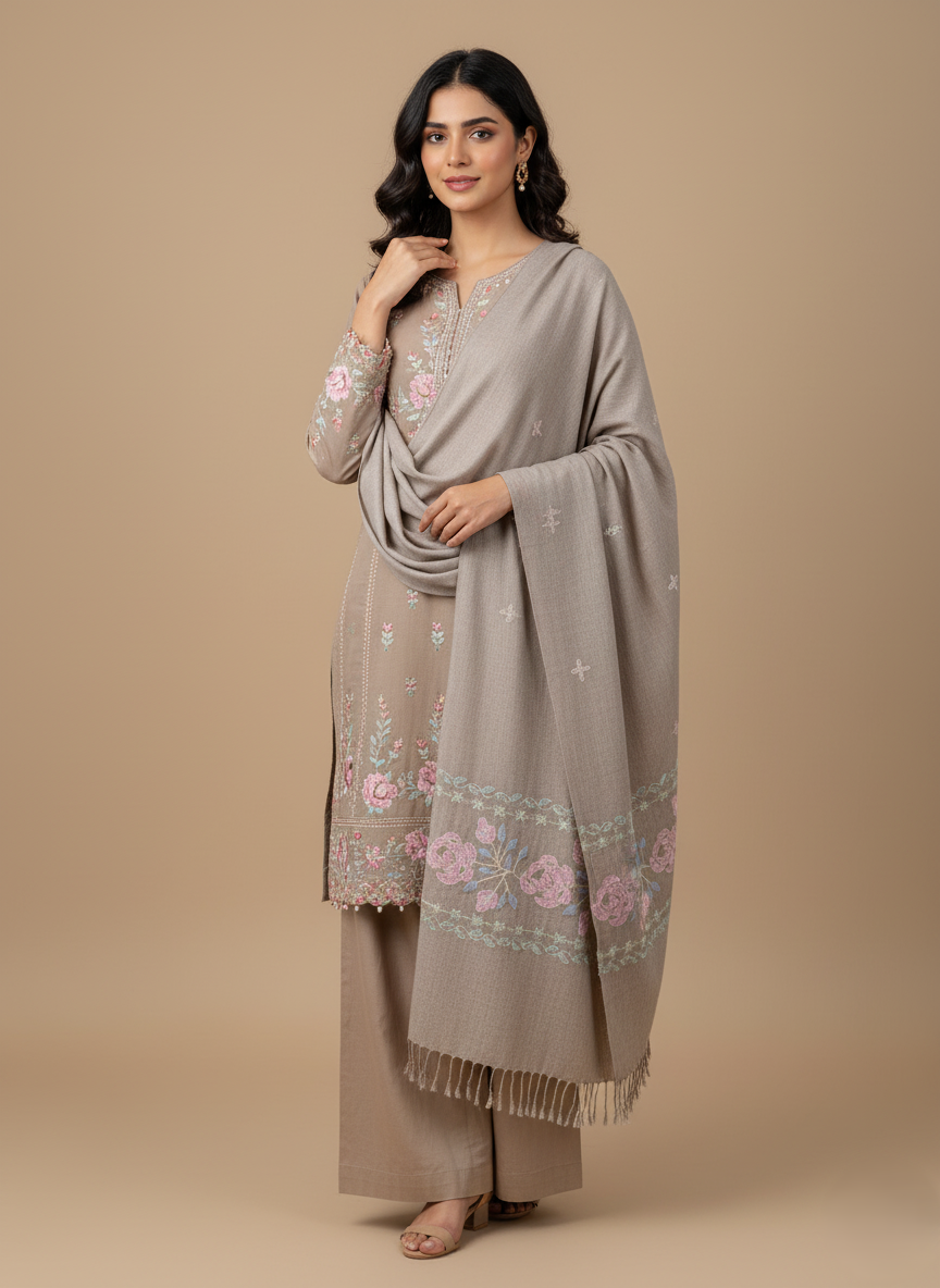 Exquisite Hand-Embroidered Pashmina Shawl with Floral Design Hand-embroidered pashmina shawl with pink and blue floral embroidery on a beige background and fringed edges.