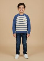 Kids Blue Striped Sweater on a young boy, featuring a blue and white striped pattern and solid blue raglan sleeves.