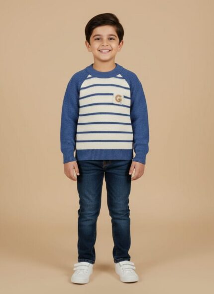 Kids Blue Striped Sweater on a young boy, featuring a blue and white striped pattern and solid blue raglan sleeves.