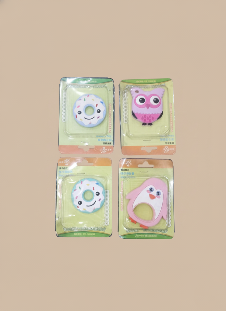 BPA-free baby silicone teether set with cute donut, owl, and penguin designs for teething relief.