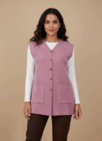 Women's pink sleeveless sweater vest with buttons and pockets.