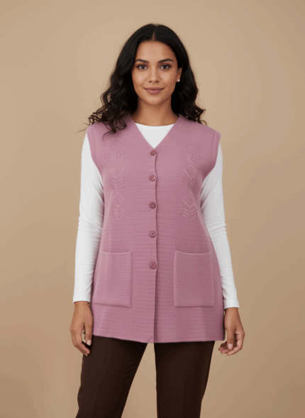 Women's pink sleeveless sweater vest with buttons and pockets.