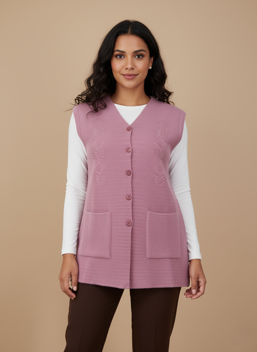 Women's Pink Sleeveless Sweater Vest with Pockets - V-Neck Button Women's pink sleeveless sweater vest with buttons and pockets.