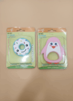 Two baby silicone teethers in donut and penguin designs for infants, BPA-free and food-grade.