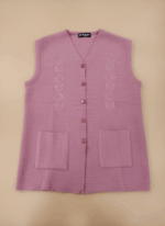 Women's pink sleeveless sweater vest with buttons and pockets.