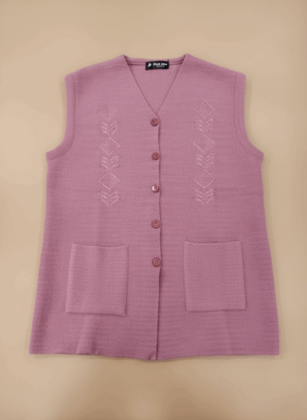 Women's pink sleeveless sweater vest with buttons and pockets.