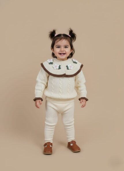 Happy baby in ivory cable knit baby sweater with floral collar and ribbed leggings, brown Mary Jane shoes.