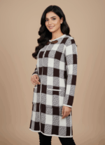 Women's black and white plaid knit sweater with a checkered pattern, long sleeves, toggle closure.