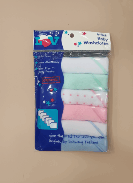 6-pack baby washcloths in pastel colors packaged by Sinkwang Thailand, made from soft terry fabric with anti-fray edges.