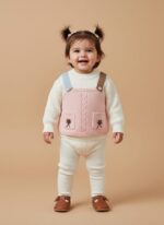Flat lay of a pink knit overall top with embroidered pockets over a white ribbed baby sweater.