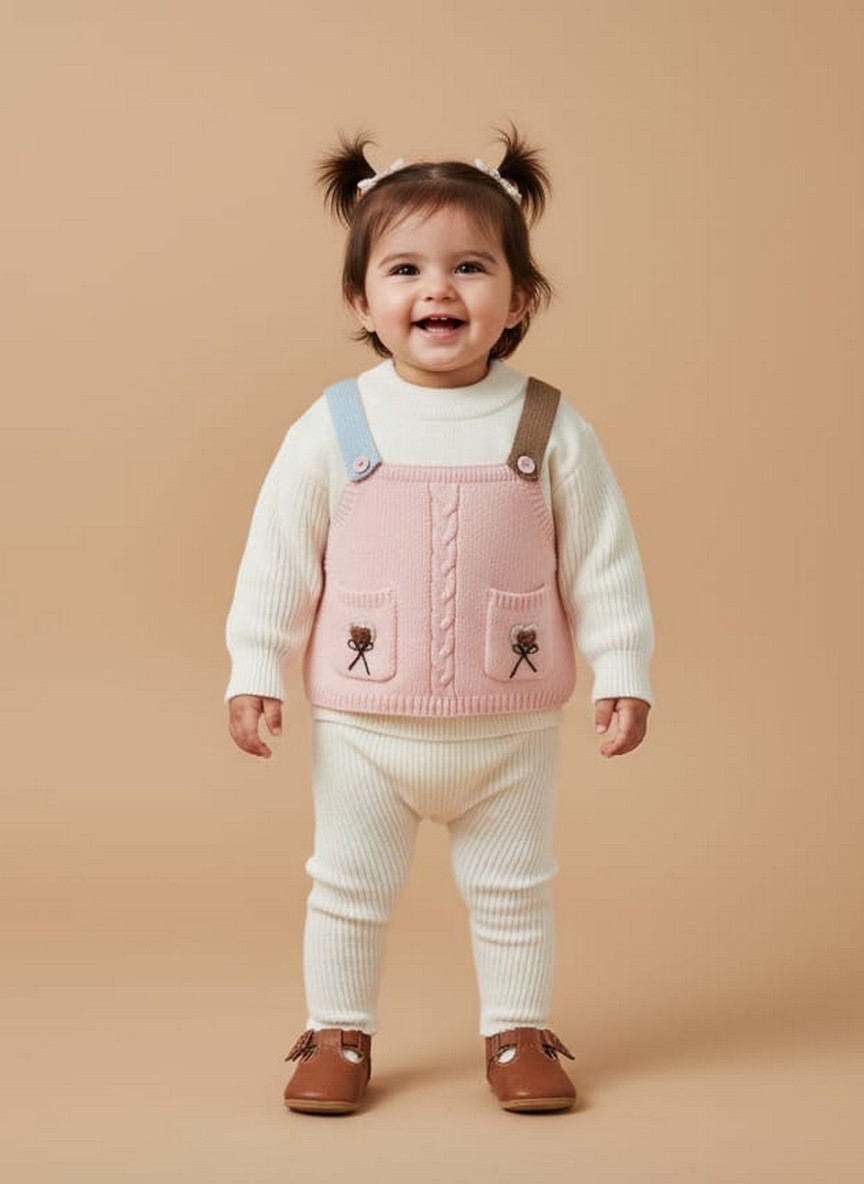Charming Pink Knit Overalls & White Ribbed Baby Sweater Set Flat lay of a pink knit overall top with embroidered pockets over a white ribbed baby sweater.