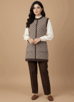 Women's patterned sleeveless sweater vest in beige and brown, featuring a button-front closure and contrasting brown trim.