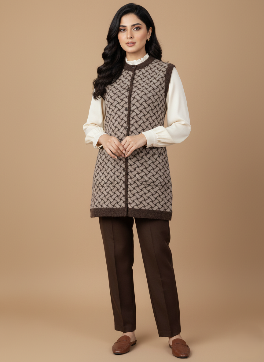 Women's Patterned Sleeveless Sweater Vest Women's patterned sleeveless sweater vest in beige and brown, featuring a button-front closure and contrasting brown trim.