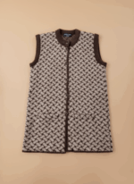 Women's patterned sleeveless sweater vest in beige and brown, featuring a button-front closure and contrasting brown trim.