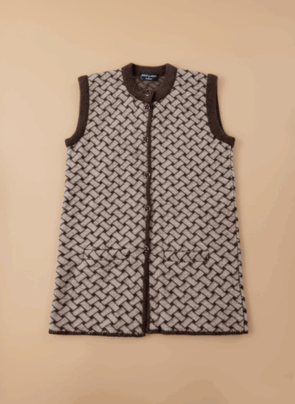 Women's patterned sleeveless sweater vest in beige and brown, featuring a button-front closure and contrasting brown trim.