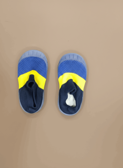 Blue and yellow baby soft sole shoes for toddlers, non-slip and breathable footwear, comfortable and stylish for first walkers.