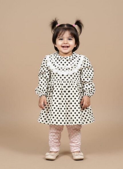 Smiling baby girl in black and white polka dot dress with lace collar, pink polka dot leggings, and white ballet flats.
