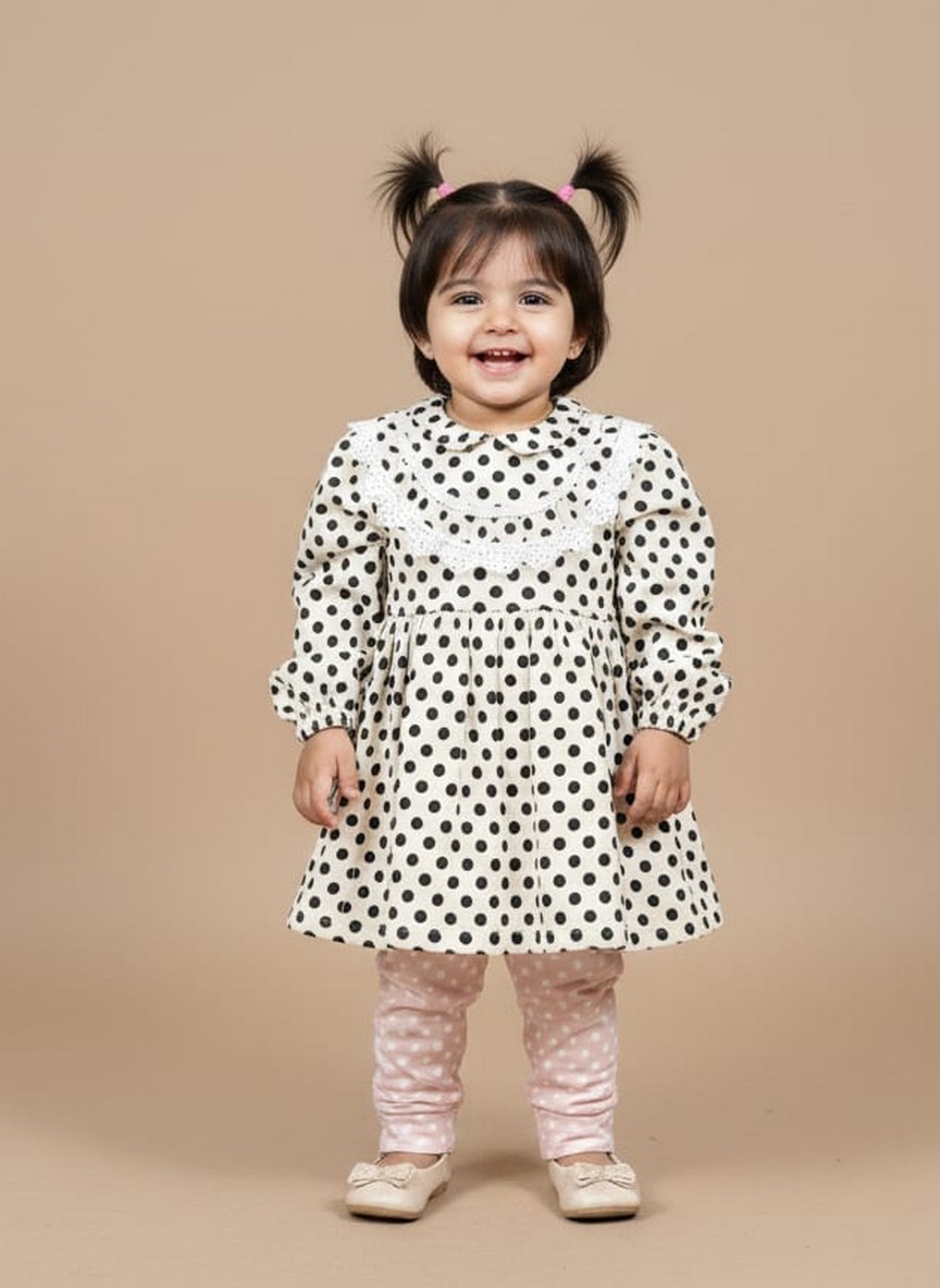 Cute Polka Dot Baby Girl Dress & Leggings Set with Lace Collar Smiling baby girl in black and white polka dot dress with lace collar, pink polka dot leggings, and white ballet flats.